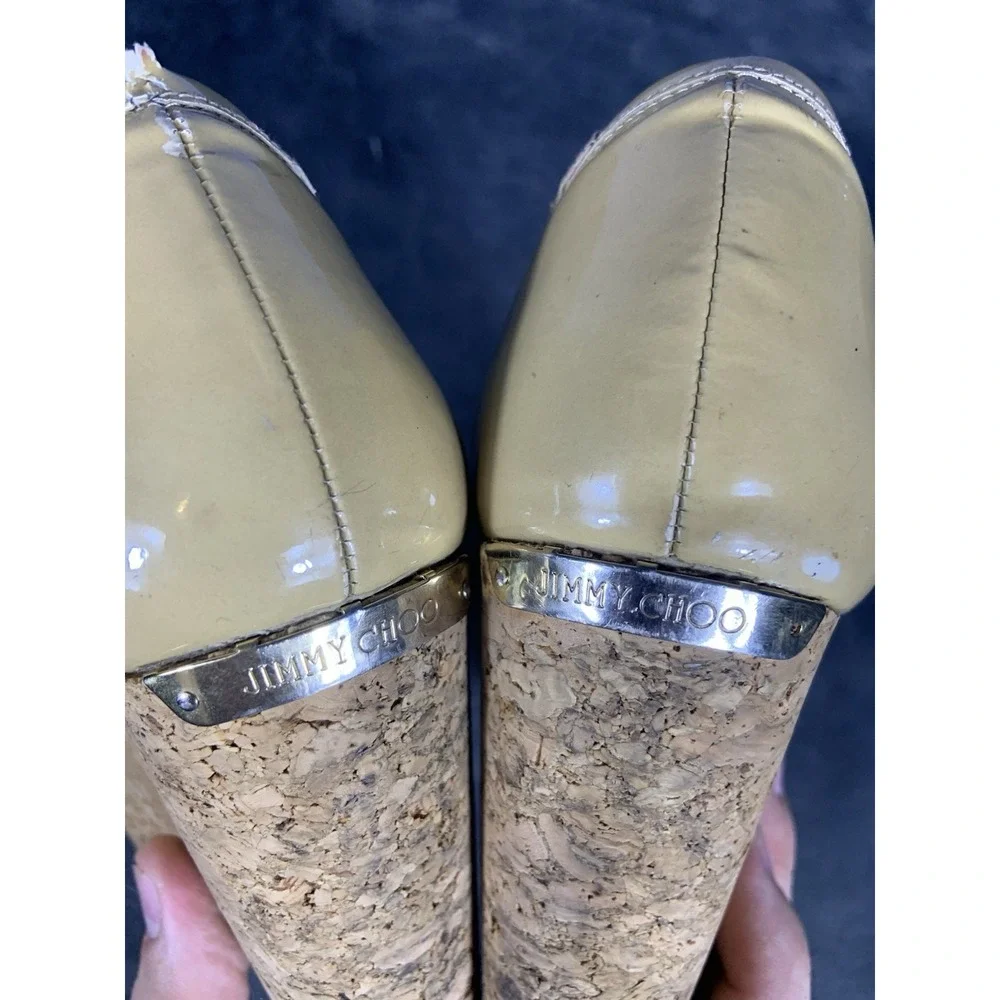 Jimmy Choo Size 37 1/2 Natural Papina Patent Leather and Cork Wedges $450